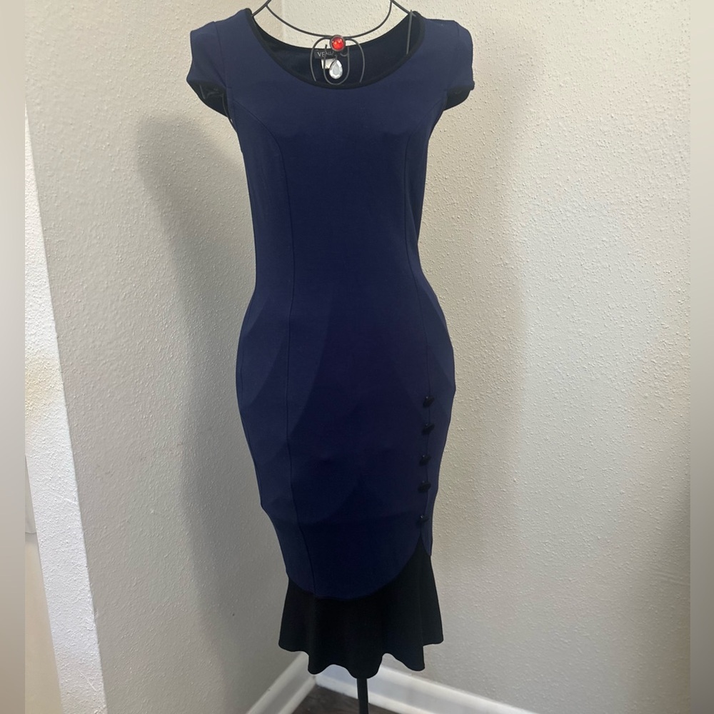 VENUS Blue Ruffled Sheath Midi Dress